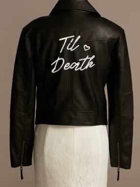 David's Bridal Black Leather Moto Jacket with White 'Til Death' Script
